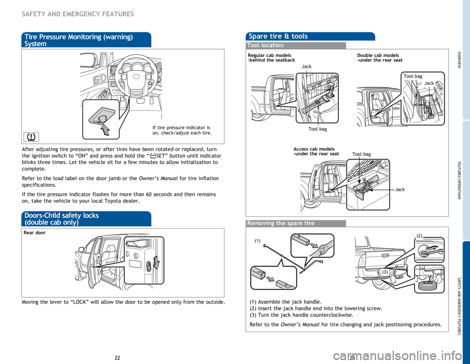 TOYOTA TACOMA 2015   (in English) User Guide OVERVIEW
FEATURES/OPERATIONS
SAFETY AND EMERGENCY FEATURES
23
22
After adjusting tire pressures, or after tires have been rotated or replaced, turn 
the ignition switch to “ON” and press and hold 
