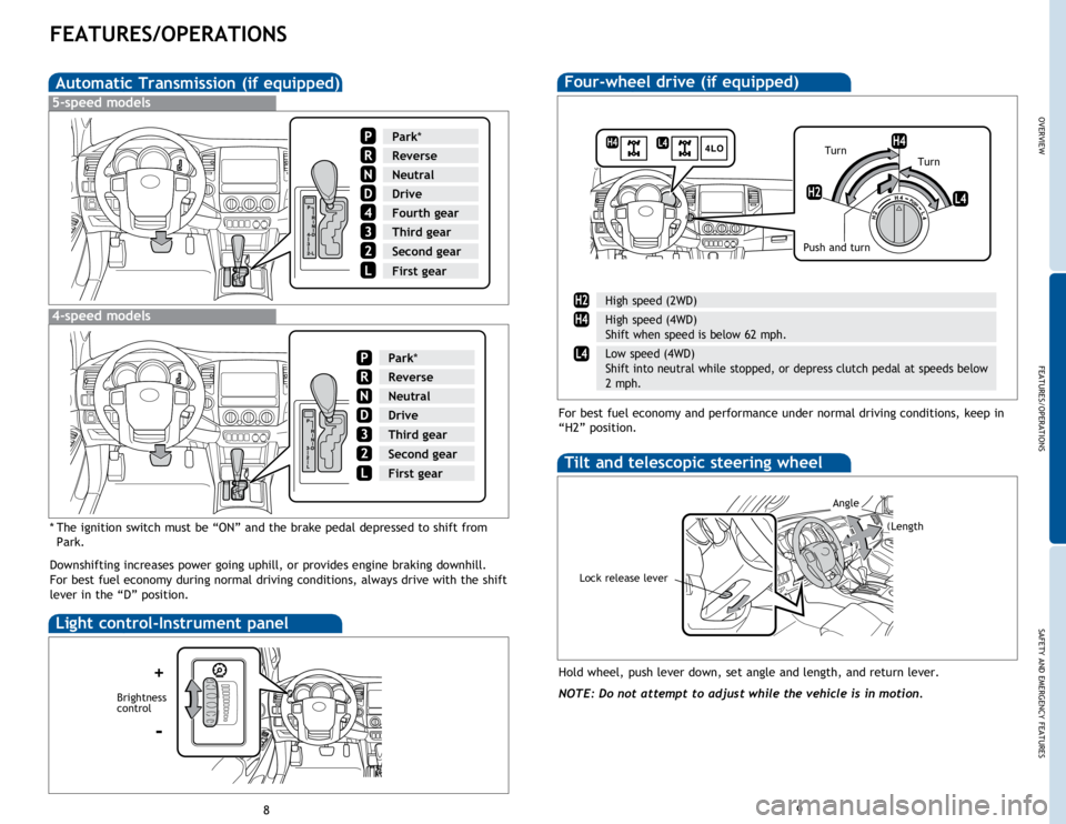 TOYOTA TACOMA 2015 Owners Manual (in English) OVERVIEW
FEATURES/OPERATIONS
SAFETY AND EMERGENCY FEATURES
89
FEATURES/OPERATIONS
Automatic Transmission (if equipped)
* The ignition switch must be “ON” and the brake pedal depressed to shift fro TOYOTA TACOMA 2015 Owners Manual (in English) OVERVIEW
FEATURES/OPERATIONS
SAFETY AND EMERGENCY FEATURES
89
FEATURES/OPERATIONS
Automatic Transmission (if equipped)
* The ignition switch must be “ON” and the brake pedal depressed to shift fro