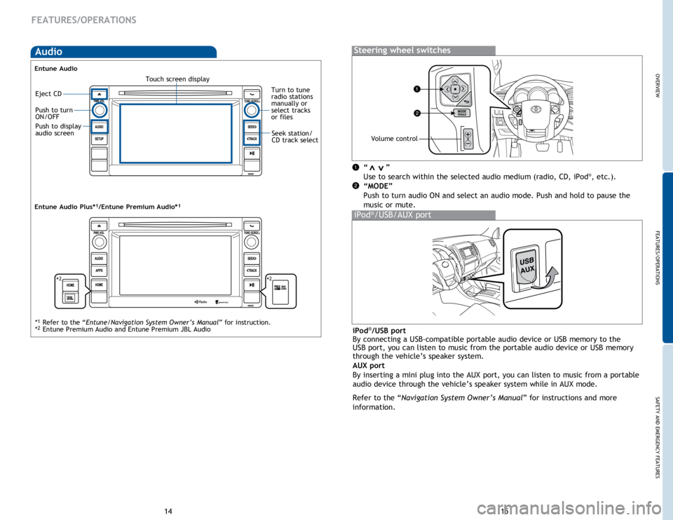 TOYOTA TACOMA 2015  Owners Manual (in English) OVERVIEWFEATURES/OPERATIONS
SAFETY AND EMERGENCY FEATURES
14 15
FEATURES/OPERATIONS
Audio
“       ” 
Use to search within the selected audio medium (radio, CD, iPod®, etc.).
“MODE” 
Push to t