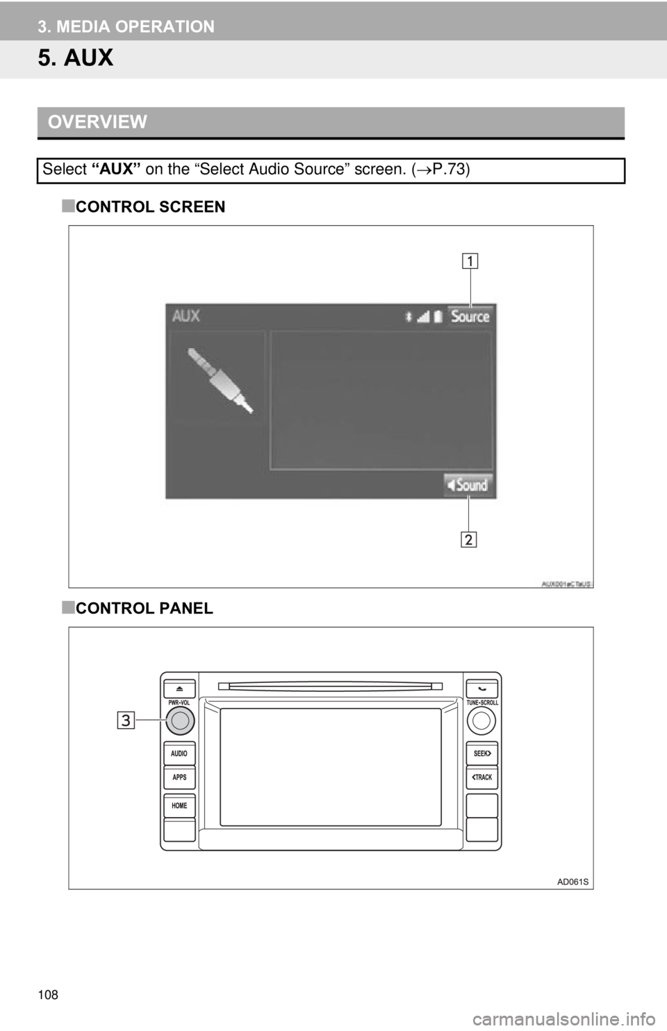 TOYOTA TACOMA 2015 Accessories, Audio & Navigation (in English) 108
3. MEDIA OPERATION
5. AUX
■CONTROL SCREEN
■CONTROL PANEL
OVERVIEW
Select “AUX” on the “Select Audio Source” screen. ( P.73) TOYOTA TACOMA 2015 Accessories, Audio & Navigation (in English) 108
3. MEDIA OPERATION
5. AUX
■CONTROL SCREEN
■CONTROL PANEL
OVERVIEW
Select “AUX” on the “Select Audio Source” screen. ( P.73)