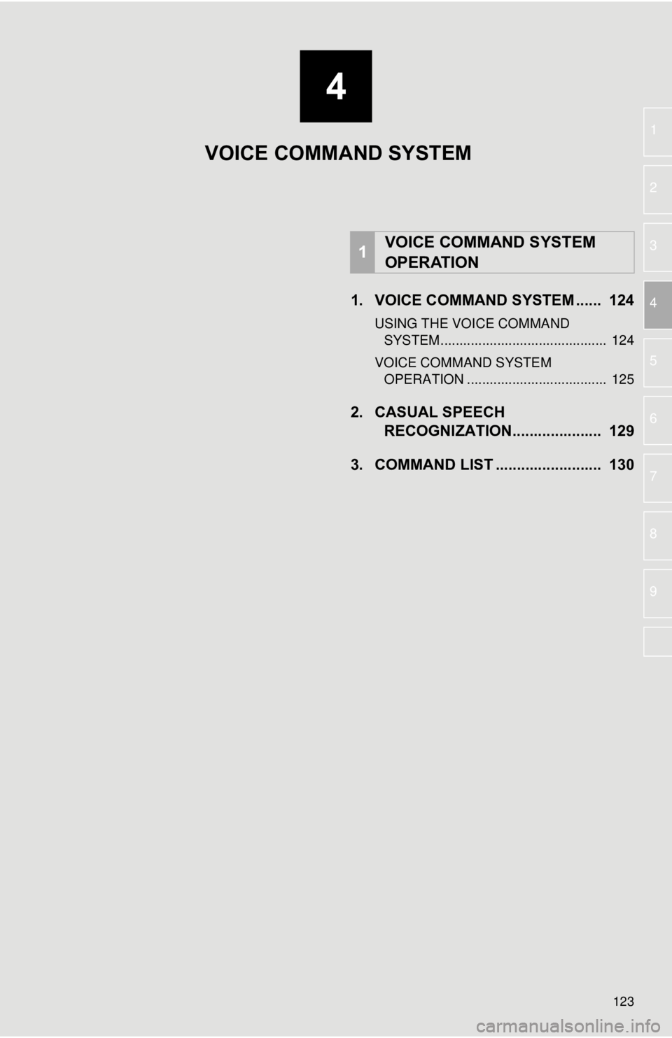 TOYOTA TACOMA 2015 Accessories, Audio & Navigation (in English) 4
123
1
2
3
4
5
6
7
8
9
1. VOICE COMMAND SYSTEM ...... 124
USING THE VOICE COMMAND SYSTEM ............................................ 124
VOICE COMMAND SYSTEM OPERATION .......................... TOYOTA TACOMA 2015 Accessories, Audio & Navigation (in English) 4
123
1
2
3
4
5
6
7
8
9
1. VOICE COMMAND SYSTEM ...... 124
USING THE VOICE COMMAND SYSTEM ............................................ 124
VOICE COMMAND SYSTEM OPERATION ..........................