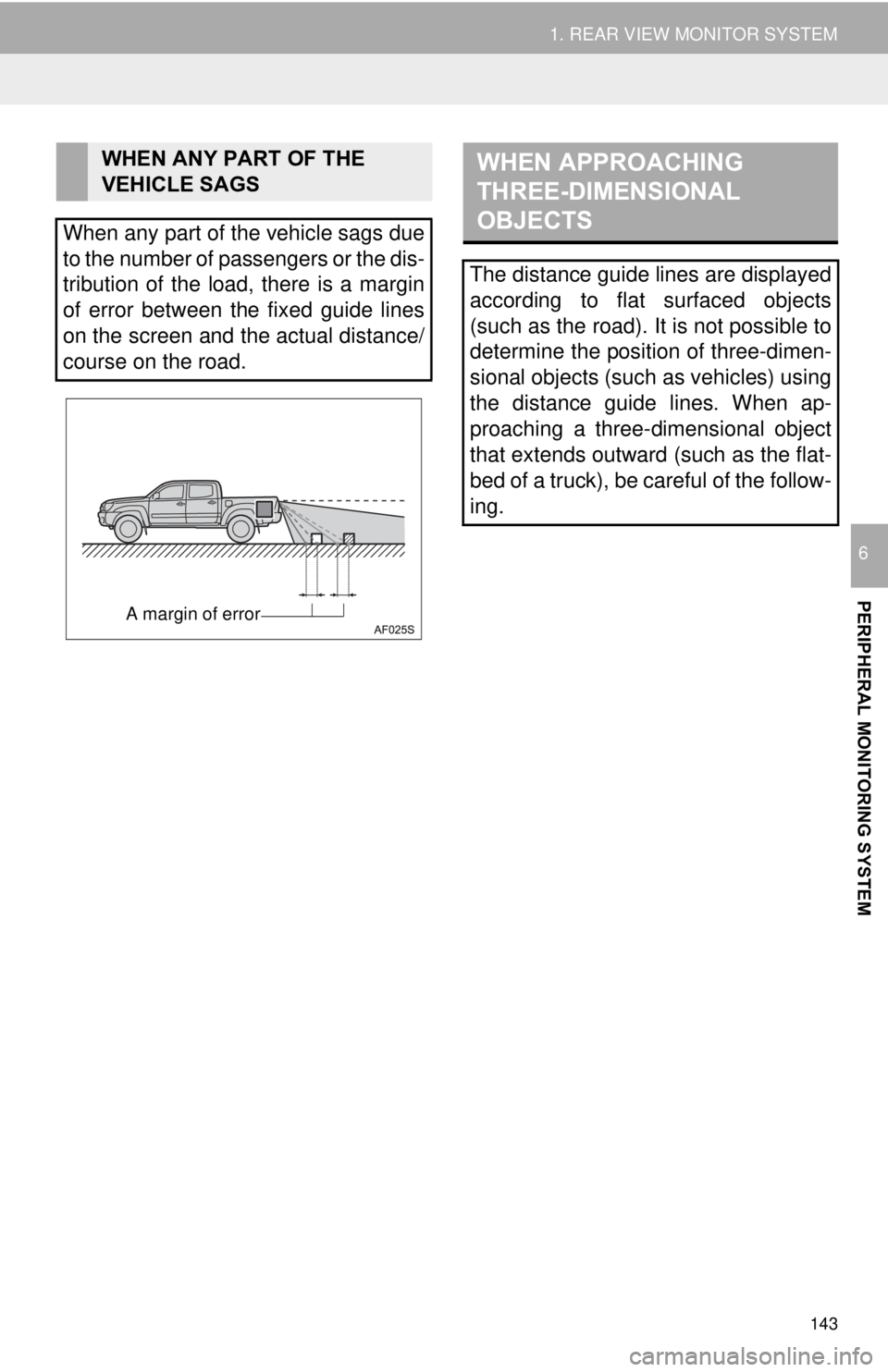 TOYOTA TACOMA 2015 Accessories, Audio & Navigation (in English) 143
1. REAR VIEW MONITOR SYSTEM
PERIPHERAL MONITORING SYSTEM
6
WHEN ANY PART OF THE
VEHICLE SAGS
When any part of the vehicle sags due
to the number of passengers or the dis-
tribution of the load, t TOYOTA TACOMA 2015 Accessories, Audio & Navigation (in English) 143
1. REAR VIEW MONITOR SYSTEM
PERIPHERAL MONITORING SYSTEM
6
WHEN ANY PART OF THE
VEHICLE SAGS
When any part of the vehicle sags due
to the number of passengers or the dis-
tribution of the load, t