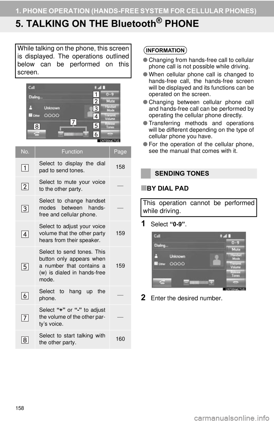 TOYOTA TACOMA 2015 Accessories, Audio & Navigation (in English) 158
1. PHONE OPERATION (HANDS-FREE SYSTEM FOR CELLULAR PHONES)
5. TALKING ON THE Bluetooth® PHONE
■BY DIAL PAD
1Select “0-9”.
2Enter the desired number.
While talking on the phone, this screen
TOYOTA TACOMA 2015 Accessories, Audio & Navigation (in English) 158
1. PHONE OPERATION (HANDS-FREE SYSTEM FOR CELLULAR PHONES)
5. TALKING ON THE Bluetooth® PHONE
■BY DIAL PAD
1Select “0-9”.
2Enter the desired number.
While talking on the phone, this screen