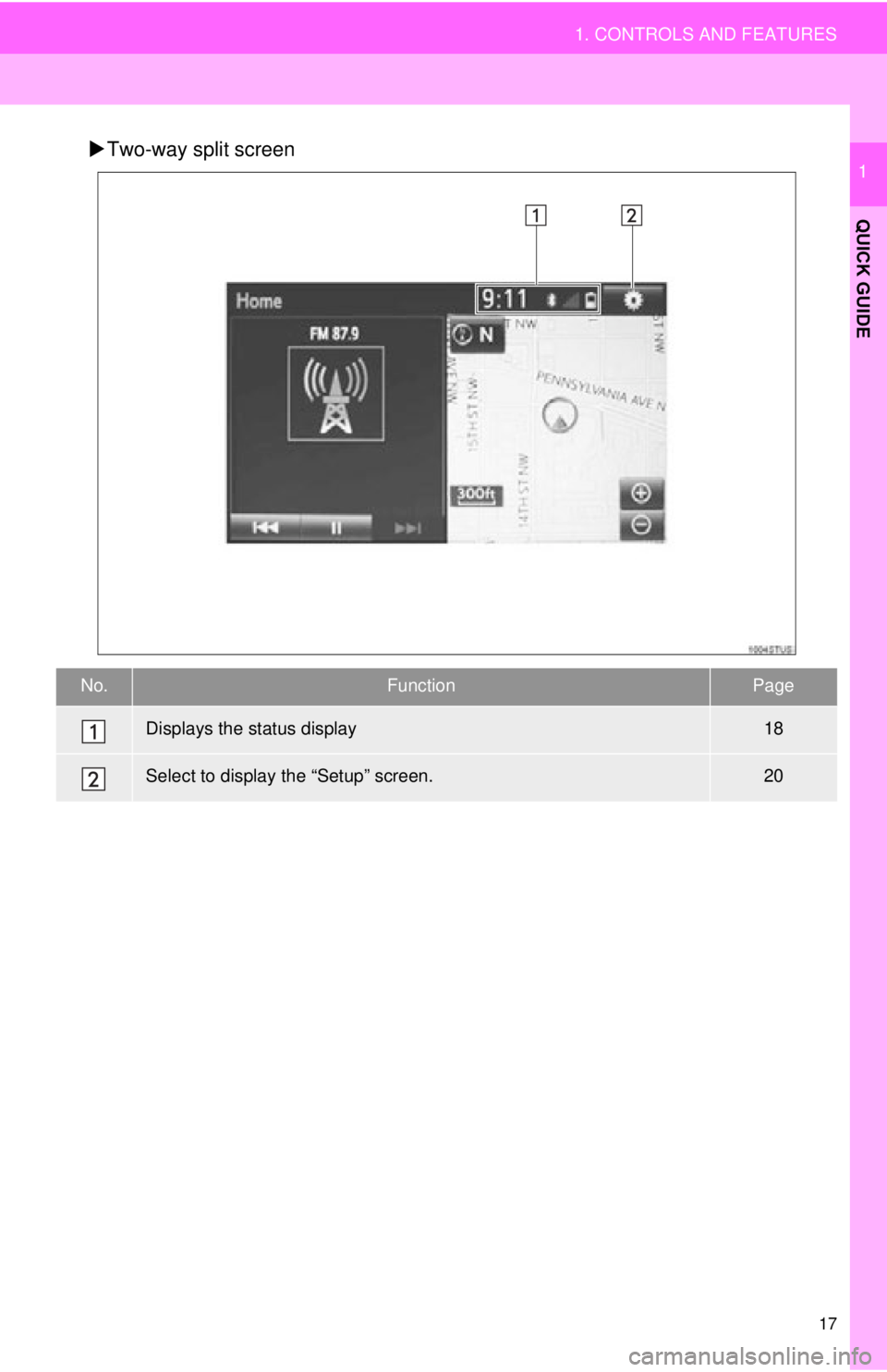 TOYOTA TACOMA 2015  Accessories, Audio & Navigation (in English) 17
1. CONTROLS AND FEATURES
QUICK GUIDE
1Two-way split screen
No.FunctionPage
Displays the status display18
Select to display the “Setup” screen.20 
