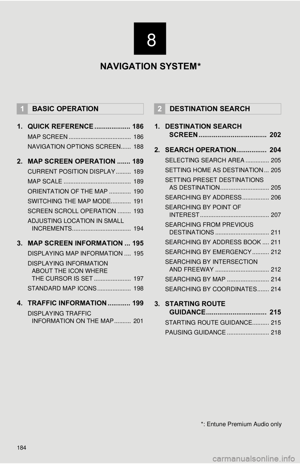 TOYOTA TACOMA 2015  Accessories, Audio & Navigation (in English) 184
1. QUICK REFERENCE ................... 186
MAP SCREEN .....................................  186
NAVIGATION OPTIONS SCREEN......  188
2. MAP SCREEN OPERATION ....... 189
CURRENT POSITION DISPLAY .