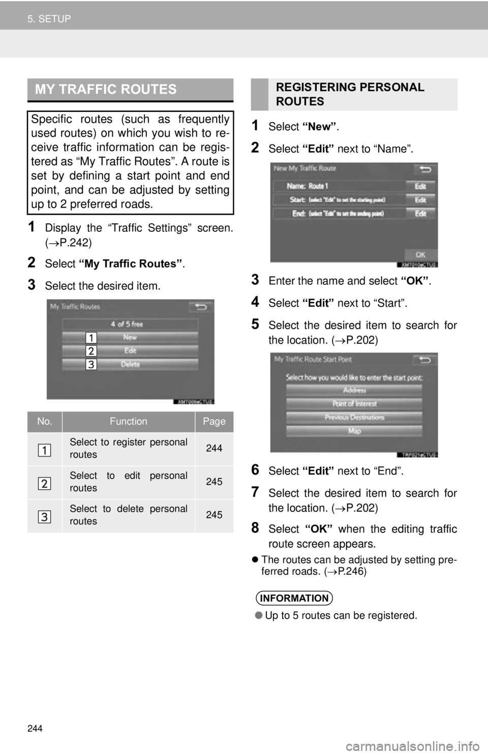 TOYOTA TACOMA 2015  Accessories, Audio & Navigation (in English) 244
5. SETUP
1Display the “Traffic Settings” screen.
(P.242)
2Select “My Traffic Routes” .
3Select the desired item.
1Select “New”.
2Select  “Edit” next to “Name”.
3Enter the na