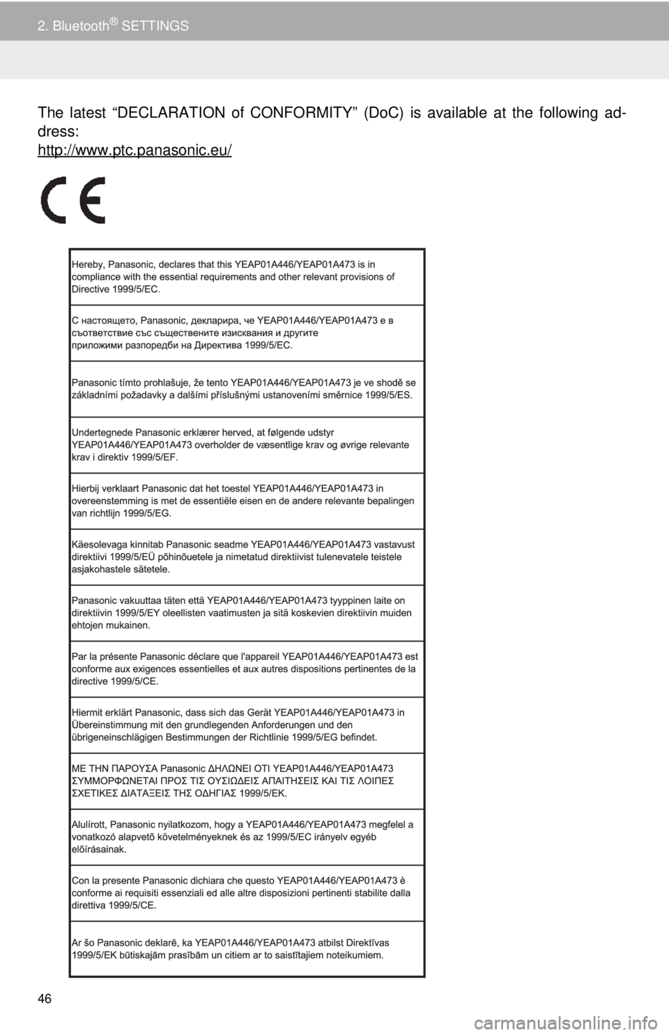TOYOTA TACOMA 2015 Accessories, Audio & Navigation (in English) 46
2. Bluetooth® SETTINGS
The latest “DECLARATION of CONFORMITY” (DoC) is available at the following ad-
dress:
http://www.ptc. panasonic.eu/ TOYOTA TACOMA 2015 Accessories, Audio & Navigation (in English) 46
2. Bluetooth® SETTINGS
The latest “DECLARATION of CONFORMITY” (DoC) is available at the following ad-
dress:
http://www.ptc. panasonic.eu/