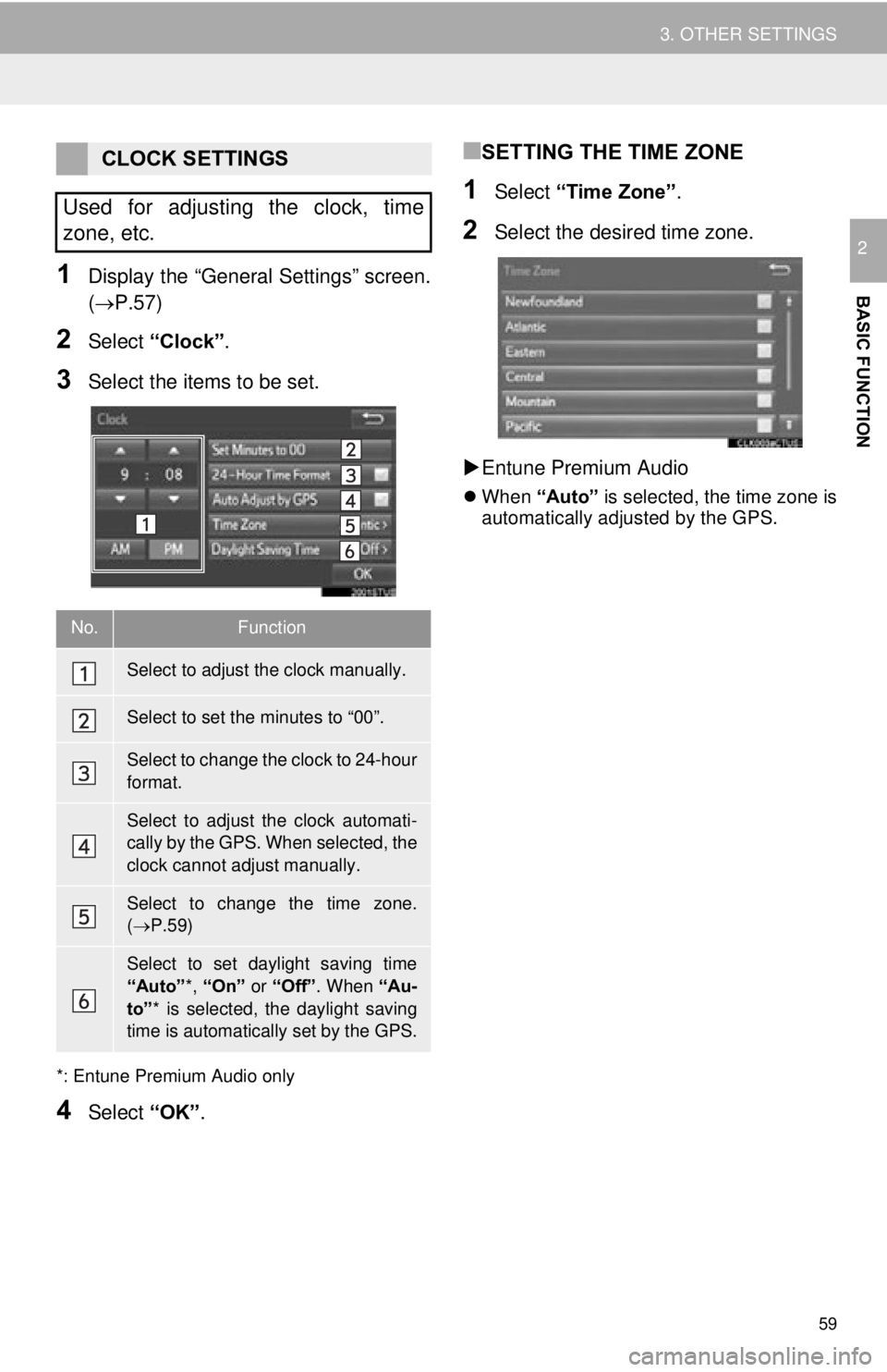 TOYOTA TACOMA 2015 Accessories, Audio & Navigation (in English) 59
3. OTHER SETTINGS
BASIC FUNCTION
2
1Display the “General Settings” screen.
(P.57)
2Select “Clock”.
3Select the items to be set.
*: Entune Premium Audio only
4Select “OK”.
■SETTING TOYOTA TACOMA 2015 Accessories, Audio & Navigation (in English) 59
3. OTHER SETTINGS
BASIC FUNCTION
2
1Display the “General Settings” screen.
(P.57)
2Select “Clock”.
3Select the items to be set.
*: Entune Premium Audio only
4Select “OK”.
■SETTING