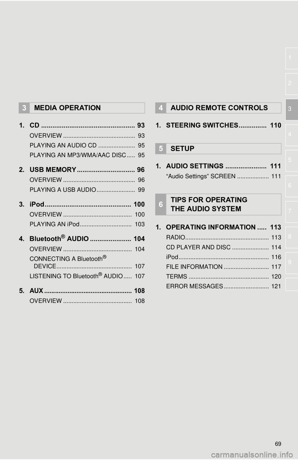 TOYOTA TACOMA 2015 Accessories, Audio & Navigation (in English) 69
1
2
3
4
5
6
7
8
9
1. CD .................................................. 93
OVERVIEW ........................................... 93
PLAYING AN AUDIO CD ...................... 95
PLAYING AN MP3/ TOYOTA TACOMA 2015 Accessories, Audio & Navigation (in English) 69
1
2
3
4
5
6
7
8
9
1. CD .................................................. 93
OVERVIEW ........................................... 93
PLAYING AN AUDIO CD ...................... 95
PLAYING AN MP3/