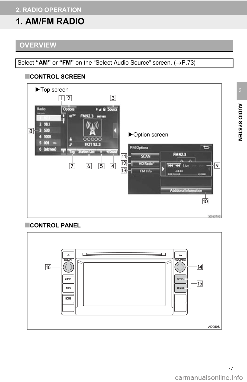 TOYOTA TACOMA 2015  Accessories, Audio & Navigation (in English) 77
AUDIO SYSTEM
3
2. RADIO OPERATION
1. AM/FM RADIO
■CONTROL SCREEN
■CONTROL PANEL
OVERVIEW
Select “AM” or “FM”  on the “Select Audio Source” screen. ( P.73)
Top screen
Option