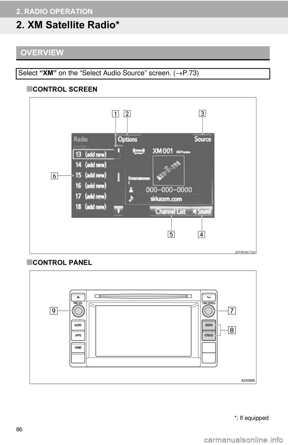 TOYOTA TACOMA 2015 Accessories, Audio & Navigation (in English) 86
2. RADIO OPERATION
2. XM Satellite Radio*
■CONTROL SCREEN
■CONTROL PANEL
OVERVIEW
Select “XM” on the “Select Audio Source” screen. ( P.73)
*: If equipped TOYOTA TACOMA 2015 Accessories, Audio & Navigation (in English) 86
2. RADIO OPERATION
2. XM Satellite Radio*
■CONTROL SCREEN
■CONTROL PANEL
OVERVIEW
Select “XM” on the “Select Audio Source” screen. ( P.73)
*: If equipped