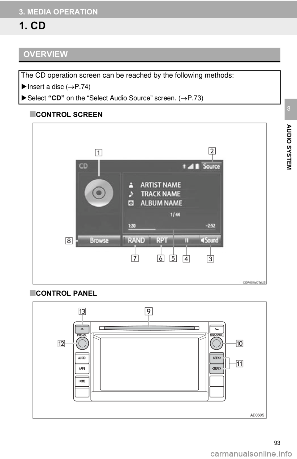 TOYOTA TACOMA 2015  Accessories, Audio & Navigation (in English) 93
AUDIO SYSTEM
3
3. MEDIA OPERATION
1. CD
■CONTROL SCREEN
■CONTROL PANEL
OVERVIEW
The CD operation screen can be reached by the following methods: 
Insert a disc ( P.74)
 Select  “CD