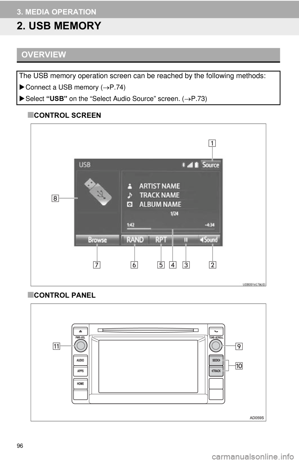 TOYOTA TACOMA 2015  Accessories, Audio & Navigation (in English) 96
3. MEDIA OPERATION
2. USB MEMORY
■CONTROL SCREEN
■CONTROL PANEL
OVERVIEW
The USB memory operation screen can be reached by the following methods: 
Connect a USB memory ( P.74)
 Select 