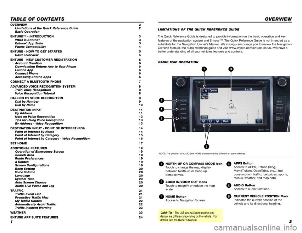 TOYOTA TACOMA 2015 Accessories, Audio & Navigation (in English) 12
TABLE OF CONTENTS
The Quick Reference Guide is designed to provide information on the basic operation and key
features of the navigation system and Entune
™. The Quick Reference Guide is not int TOYOTA TACOMA 2015 Accessories, Audio & Navigation (in English) 12
TABLE OF CONTENTS
The Quick Reference Guide is designed to provide information on the basic operation and key
features of the navigation system and Entune
™. The Quick Reference Guide is not int