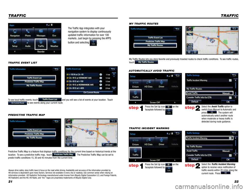 TOYOTA TACOMA 2015  Accessories, Audio & Navigation (in English) 2122
The Traffic App integrates with your 
navigation system to display continuously 
updated traffic information for over 100 
markets. Just begin by pressing the APPS 
button and selecting
 .
 
TRAF