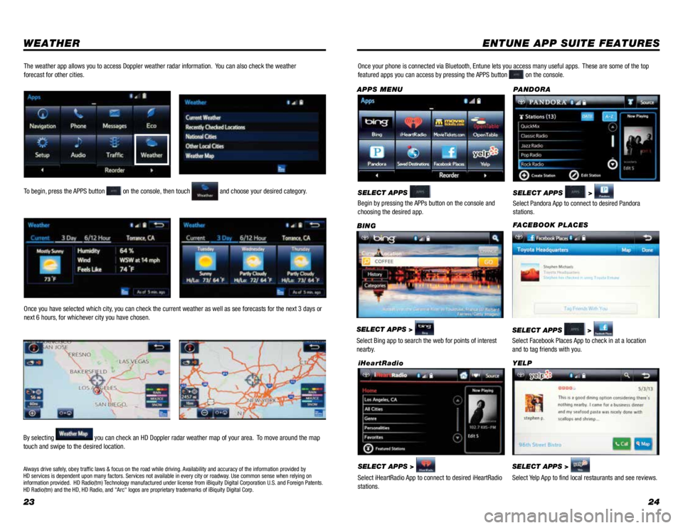 TOYOTA TACOMA 2015  Accessories, Audio & Navigation (in English) 2324
WEATHERENTUNE APP SUITE FEATURES
SELECT APPS >  
Select Bing app to search the web for points of interest 
nearby. BING
SELECT APPS  >  
Select Pandora App to connect to desired Pandora 
stations
