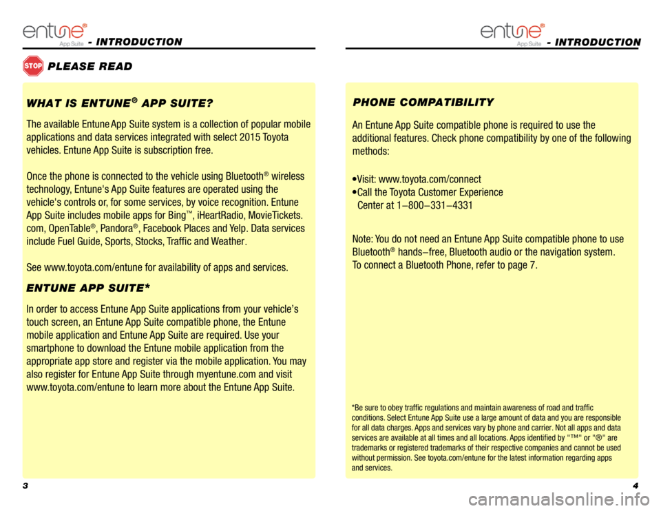 TOYOTA TACOMA 2015  Accessories, Audio & Navigation (in English) 34
- INTRODUCTION 
STOPPLEASE READ
WHAT IS ENTUNE
® APP SUITE?
The available Entune
 App Suite system is a collection of popular mobile 
applications and data services integrated with select 2015 Toy