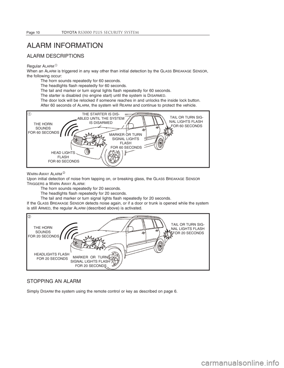 TOYOTA TACOMA 2015  Accessories, Audio & Navigation (in English) 
Page 10     TOYOTARS3000 PLUS Security system
ALARM INFORMATION 
ALARM DESCRIPTIONS
Regular ALARM
When an ALARMis triggered in any way other than initial detection by the GLASSBREAKAGESENSOR,
the fol