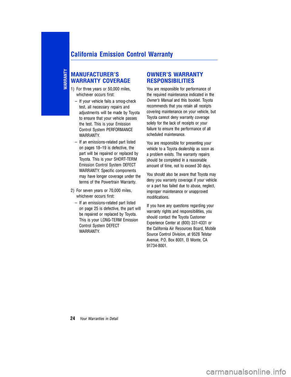 TOYOTA TACOMA 2015 Warranties & Maintenance Guides (in English) MANUFACTURER’S
WARRANTY COVERAGE
1) For three years or 50,000 miles,whichever occurs first:
– If your vehicle fails a smog-check test, all necessary repairs and
adjustments will be made by Toyota
TOYOTA TACOMA 2015 Warranties & Maintenance Guides (in English) MANUFACTURER’S
WARRANTY COVERAGE
1) For three years or 50,000 miles,whichever occurs first:
– If your vehicle fails a smog-check test, all necessary repairs and
adjustments will be made by Toyota