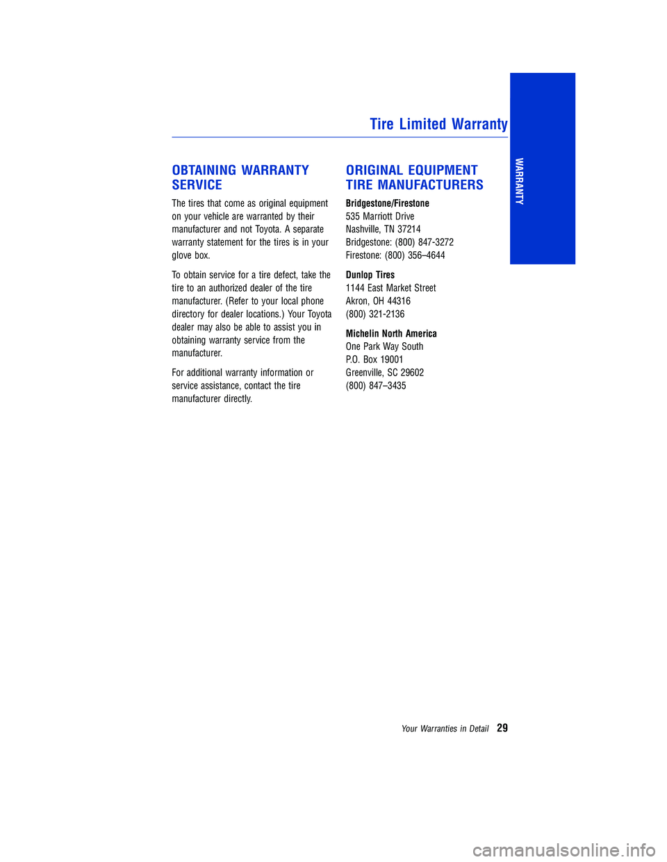 TOYOTA TACOMA 2015 Warranties & Maintenance Guides (in English) OBTAINING WARRANTY
SERVICE
The tires that come as original equipment
on your vehicle are warranted by their
manufacturer and not Toyota. A separate
warranty statement for the tires is in your
glove bo TOYOTA TACOMA 2015 Warranties & Maintenance Guides (in English) OBTAINING WARRANTY
SERVICE
The tires that come as original equipment
on your vehicle are warranted by their
manufacturer and not Toyota. A separate
warranty statement for the tires is in your
glove bo