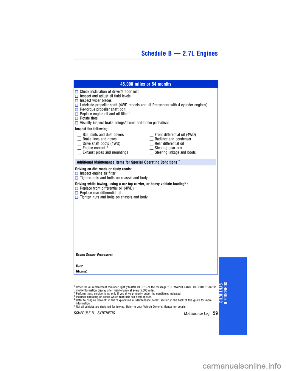 TOYOTA TACOMA 2015  Warranties & Maintenance Guides (in English) 45,000 miles or 54 months
Check installation ofdriver’s floor matInspect and adjust all fluid levelsInspect wiper bladesLubricate propeller shaft (4WD models and all Prerunners with 4 cylinder engin