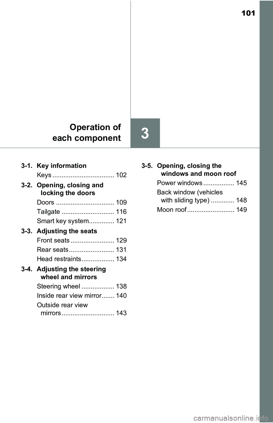 TOYOTA TACOMA 2016  Owners Manual (in English) 101
3
Operation of
each component
3-1. Key information
Keys .................................. 102
3-2. Opening, closing and 
locking the doors
Doors ................................ 109
Tailgate ....