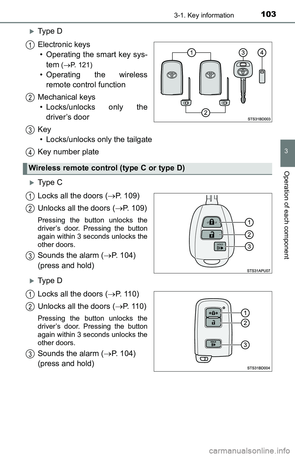 TOYOTA TACOMA 2016  Owners Manual (in English) 1033-1. Key information
3
Operation of each component
Ty p e  D
Electronic keys
• Operating the smart key sys-
tem
 (P. 121)
• Operating the wireless
remote control function
Mechanical keys
