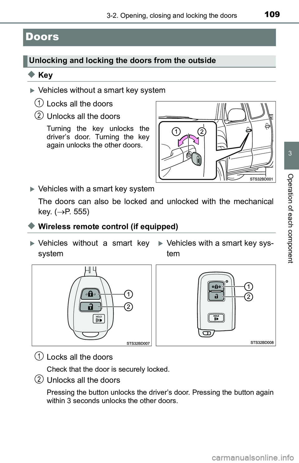 TOYOTA TACOMA 2016  Owners Manual (in English) 1093-2. Opening, closing and locking the doors
3
Operation of each component
Doors
◆Key
Vehicles without a smart key system
Locks all the doors
Unlocks all the doors
Turning the key unlocks the
d