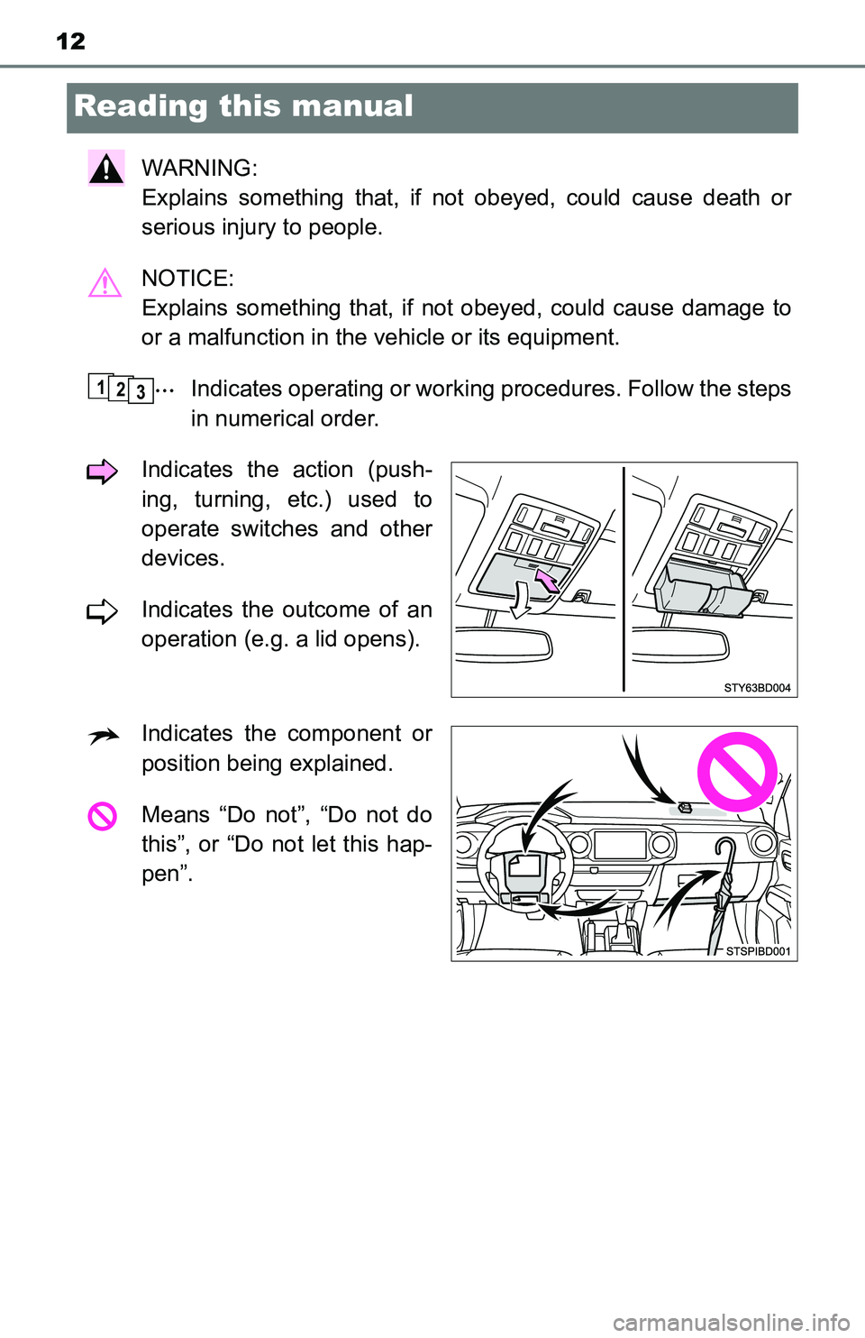 TOYOTA TACOMA 2016   (in English) User Guide 12
Reading this manual
WARNING: 
Explains something that, if not obeyed, could cause death or
serious injury to people.
NOTICE: 
Explains something that, if not obeyed, could cause damage to
or a malf