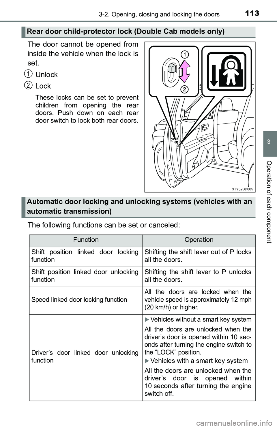 TOYOTA TACOMA 2016  Owners Manual (in English) 1133-2. Opening, closing and locking the doors
3
Operation of each component
The door cannot be opened from
inside the vehicle when the lock is
set.
Unlock
Lock
These locks can be set to prevent
child