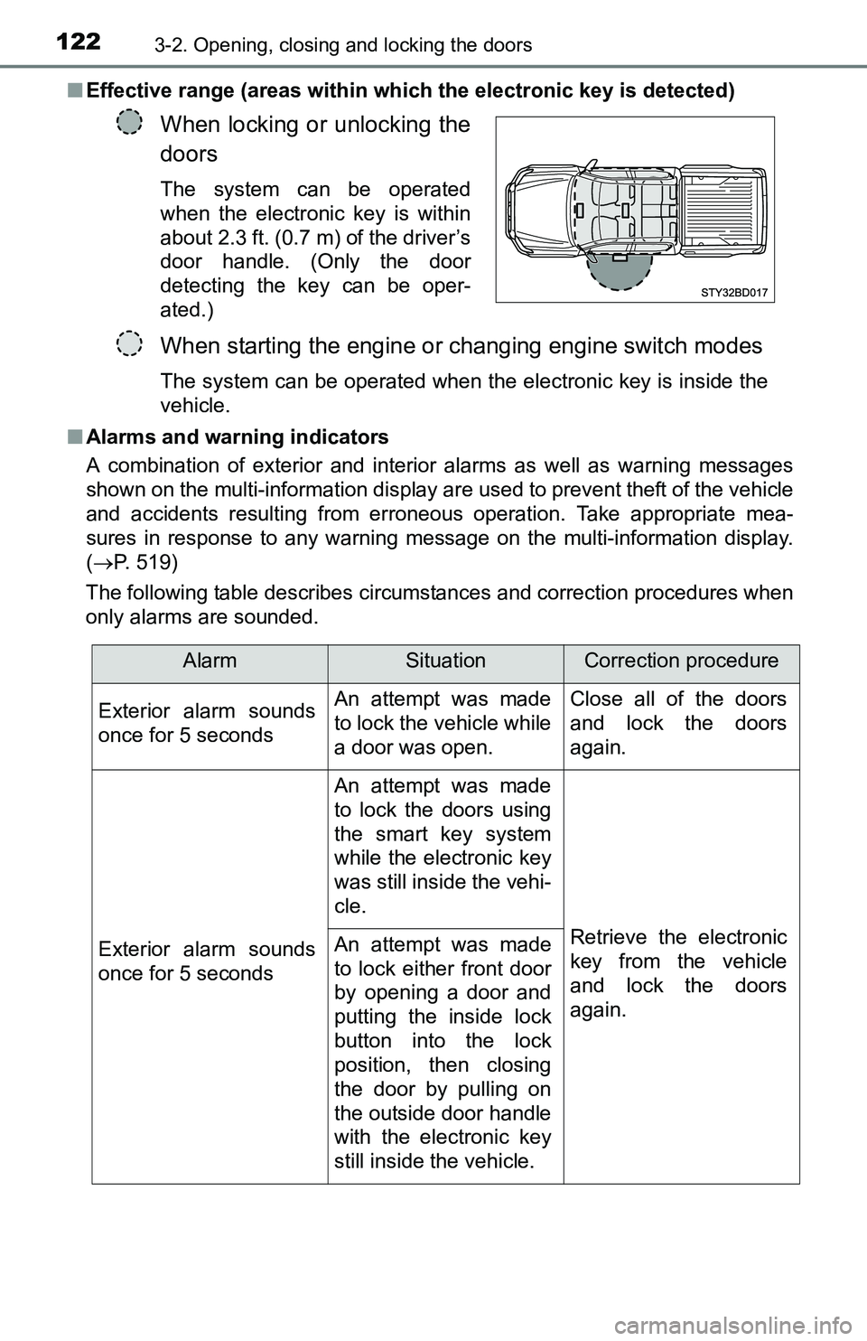 TOYOTA TACOMA 2016  Owners Manual (in English) 1223-2. Opening, closing and locking the doors
■Effective range (areas within which the electronic key is detected)
■Alarms and warning indicators
A combination of exterior and interior alarms as 