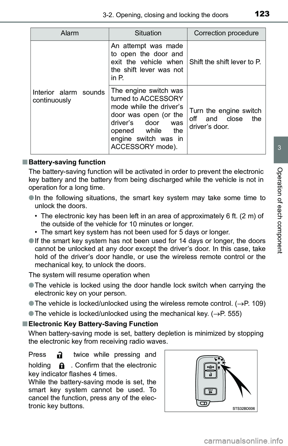 TOYOTA TACOMA 2016  Owners Manual (in English) 1233-2. Opening, closing and locking the doors
3
Operation of each component■Battery-saving function
The battery-saving function will be activated in order to prevent the electronic
key battery and 