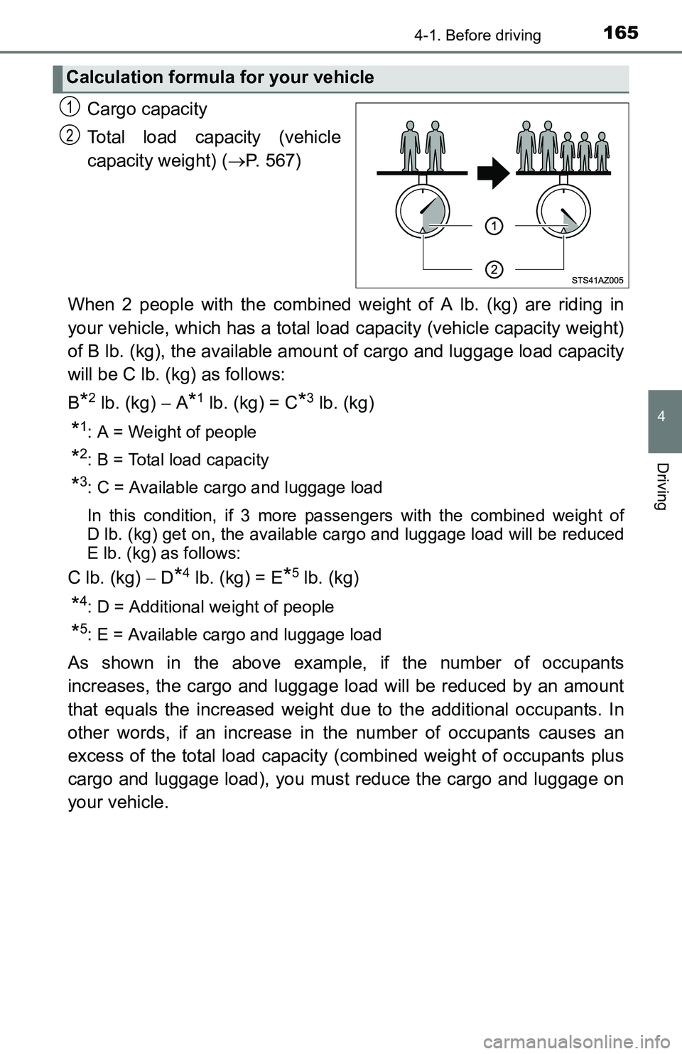 TOYOTA TACOMA 2016 Owners Manual (in English) 1654-1. Before driving
4
Driving
Cargo capacity
Total load capacity (vehicle
capacity weight) (P. 567)
When 2 people with the combined weight of A lb. (kg) are riding in
your vehicle, which has a t TOYOTA TACOMA 2016 Owners Manual (in English) 1654-1. Before driving
4
Driving
Cargo capacity
Total load capacity (vehicle
capacity weight) (P. 567)
When 2 people with the combined weight of A lb. (kg) are riding in
your vehicle, which has a t