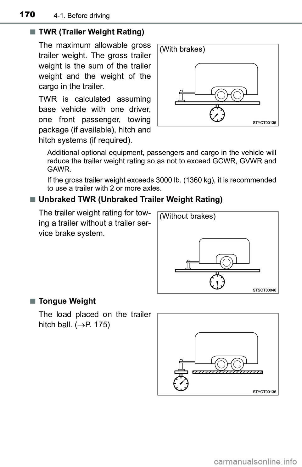 TOYOTA TACOMA 2016 Owners Manual (in English) 1704-1. Before driving
■TWR (Trailer Weight Rating)
The maximum allowable gross
trailer weight. The gross trailer
weight is the sum of the trailer
weight and the weight of the
cargo in the trailer.
TOYOTA TACOMA 2016 Owners Manual (in English) 1704-1. Before driving
■TWR (Trailer Weight Rating)
The maximum allowable gross
trailer weight. The gross trailer
weight is the sum of the trailer
weight and the weight of the
cargo in the trailer.
