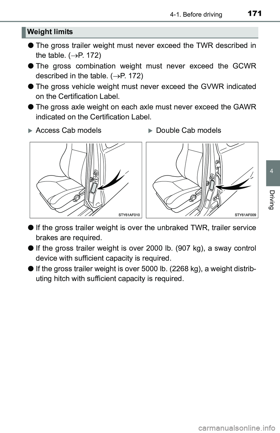 TOYOTA TACOMA 2016 Owners Manual (in English) 1714-1. Before driving
4
Driving
●The gross trailer weight must never exceed the TWR described in
the table. (P. 172)
●The gross combination weight must never exceed the GCWR
described in the t TOYOTA TACOMA 2016 Owners Manual (in English) 1714-1. Before driving
4
Driving
●The gross trailer weight must never exceed the TWR described in
the table. (P. 172)
●The gross combination weight must never exceed the GCWR
described in the t