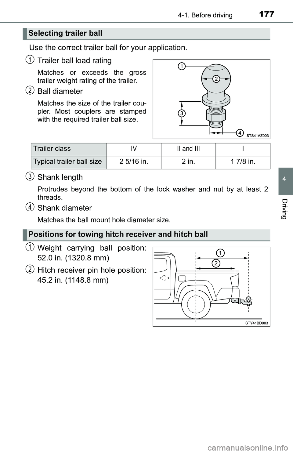 TOYOTA TACOMA 2016 Owners Manual (in English) 1774-1. Before driving
4
Driving
Use the correct trailer ball for your application.
Trailer ball load rating
Matches or exceeds the gross
trailer weight rating of the trailer.
Ball diameter
Matches th TOYOTA TACOMA 2016 Owners Manual (in English) 1774-1. Before driving
4
Driving
Use the correct trailer ball for your application.
Trailer ball load rating
Matches or exceeds the gross
trailer weight rating of the trailer.
Ball diameter
Matches th