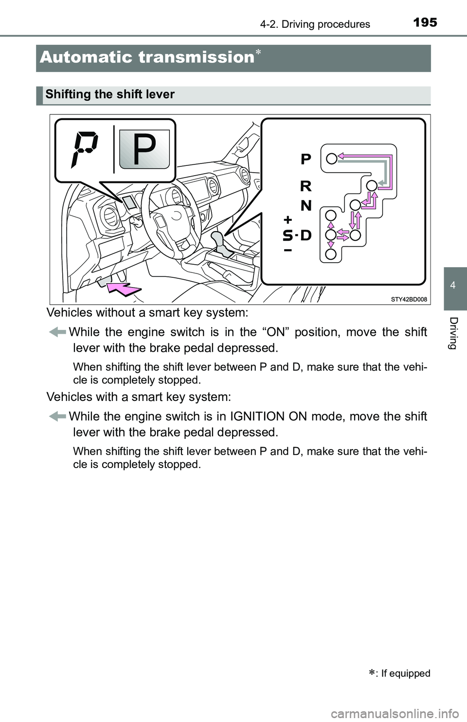 TOYOTA TACOMA 2016 Owners Manual (in English) 1954-2. Driving procedures
4
Driving
Automatic transmission
Vehicles without a smart key system:
While the engine switch is in the “ON” position, move the shift
lever with the brake pedal depre TOYOTA TACOMA 2016 Owners Manual (in English) 1954-2. Driving procedures
4
Driving
Automatic transmission
Vehicles without a smart key system:
While the engine switch is in the “ON” position, move the shift
lever with the brake pedal depre