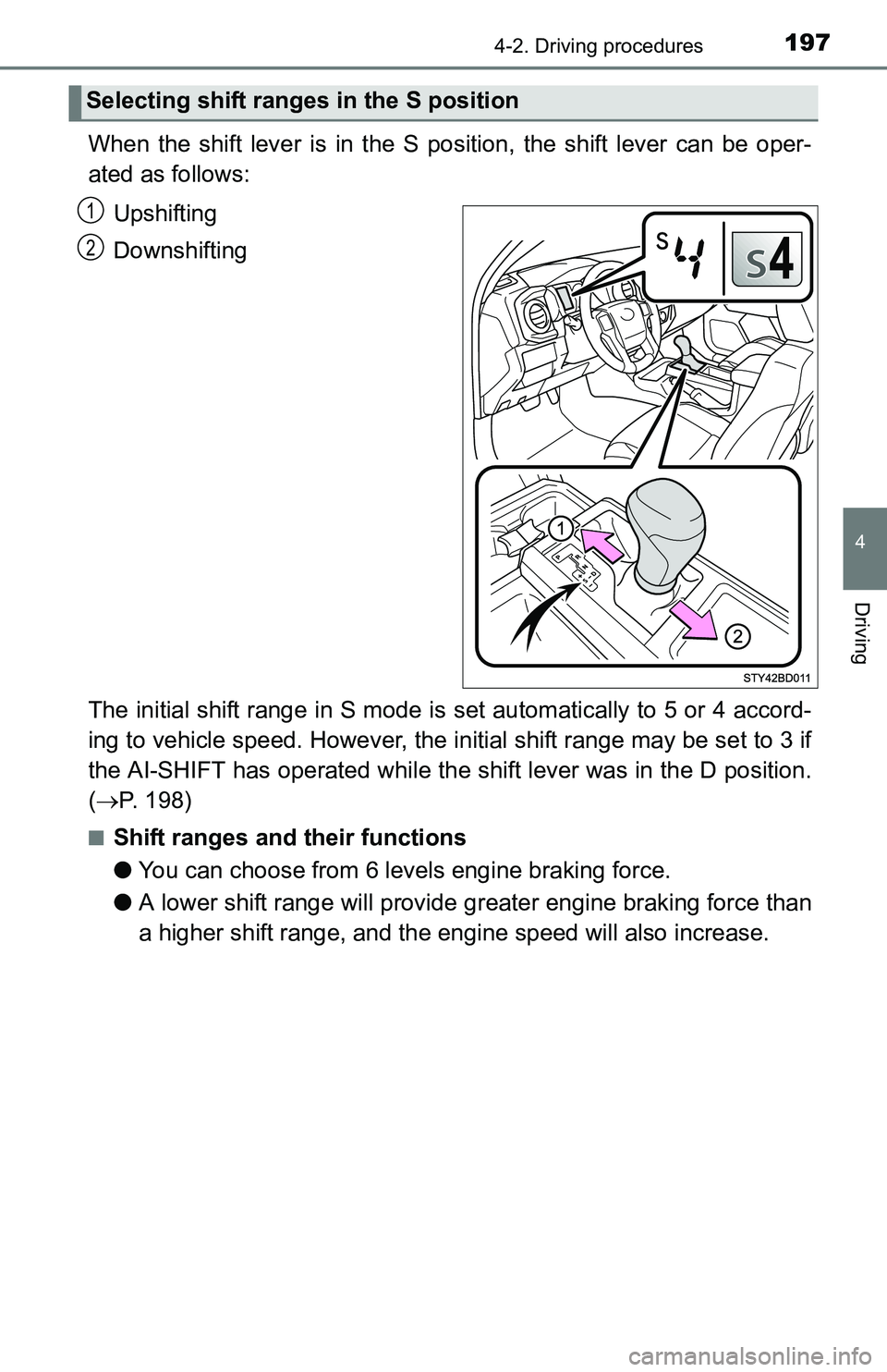 TOYOTA TACOMA 2016 Owners Manual (in English) 1974-2. Driving procedures
4
Driving
When the shift lever is in the S position, the shift lever can be oper-
ated as follows:
Upshifting
Downshifting
The initial shift range in S mode is set automatic TOYOTA TACOMA 2016 Owners Manual (in English) 1974-2. Driving procedures
4
Driving
When the shift lever is in the S position, the shift lever can be oper-
ated as follows:
Upshifting
Downshifting
The initial shift range in S mode is set automatic