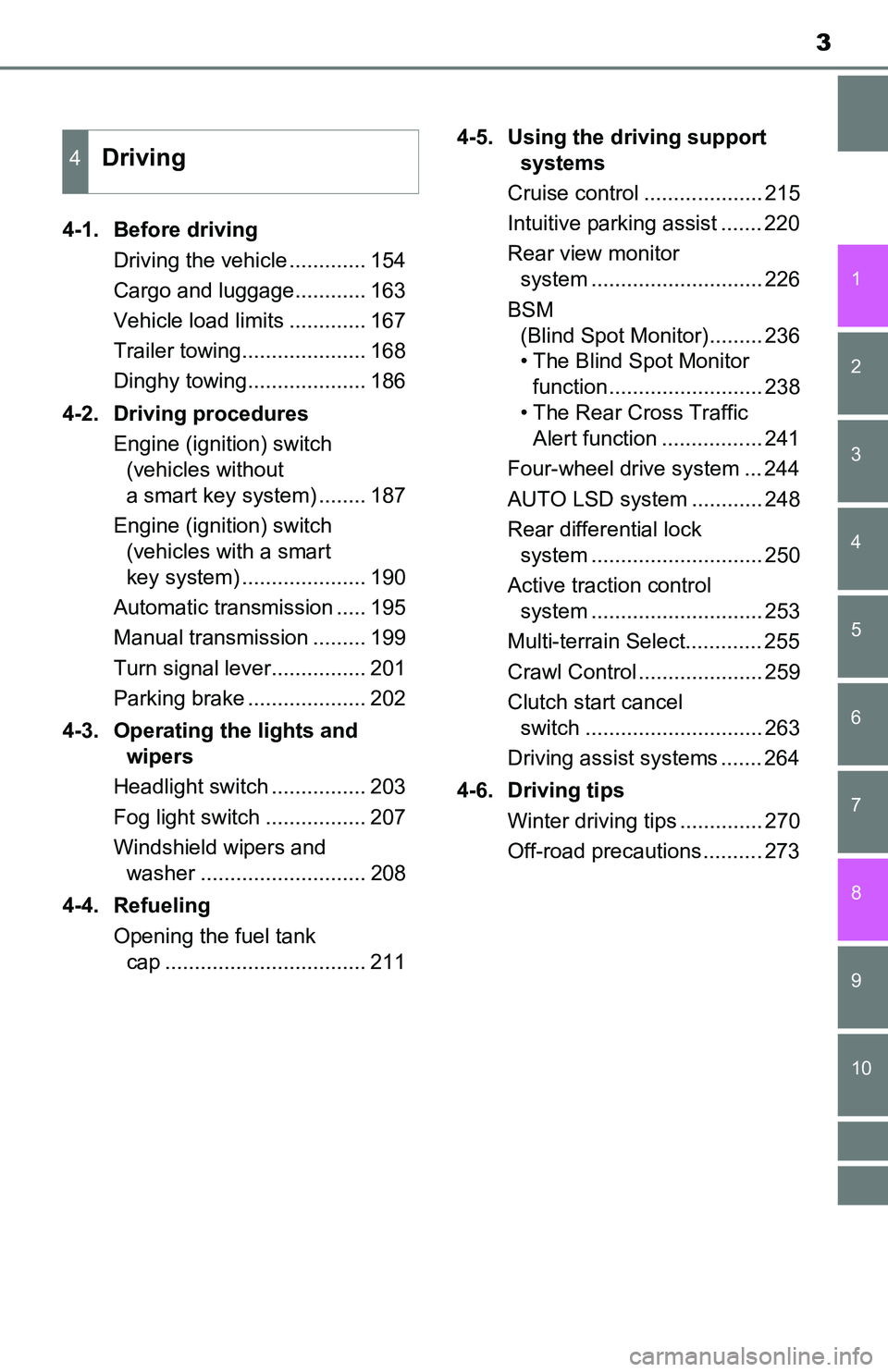 TOYOTA TACOMA 2016 Owners Manual (in English) 3
1
9 8
7 5 4
3
2
10
6
4-1. Before driving
Driving the vehicle ............. 154
Cargo and luggage............ 163
Vehicle load limits ............. 167
Trailer towing..................... 168
Dinghy TOYOTA TACOMA 2016 Owners Manual (in English) 3
1
9 8
7 5 4
3
2
10
6
4-1. Before driving
Driving the vehicle ............. 154
Cargo and luggage............ 163
Vehicle load limits ............. 167
Trailer towing..................... 168
Dinghy