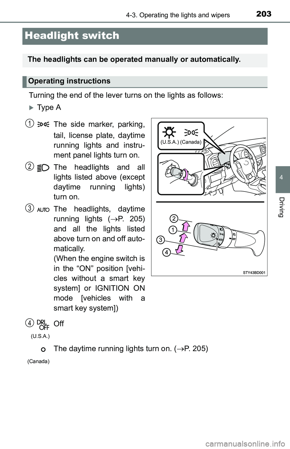 TOYOTA TACOMA 2016 Owners Manual (in English) 2034-3. Operating the lights and wipers
4
Driving
Headlight switch
Turning the end of the lever turns on the lights as follows:
Ty p e A
The side marker, parking,
tail, license plate, daytime
runn TOYOTA TACOMA 2016 Owners Manual (in English) 2034-3. Operating the lights and wipers
4
Driving
Headlight switch
Turning the end of the lever turns on the lights as follows:
Ty p e A
The side marker, parking,
tail, license plate, daytime
runn