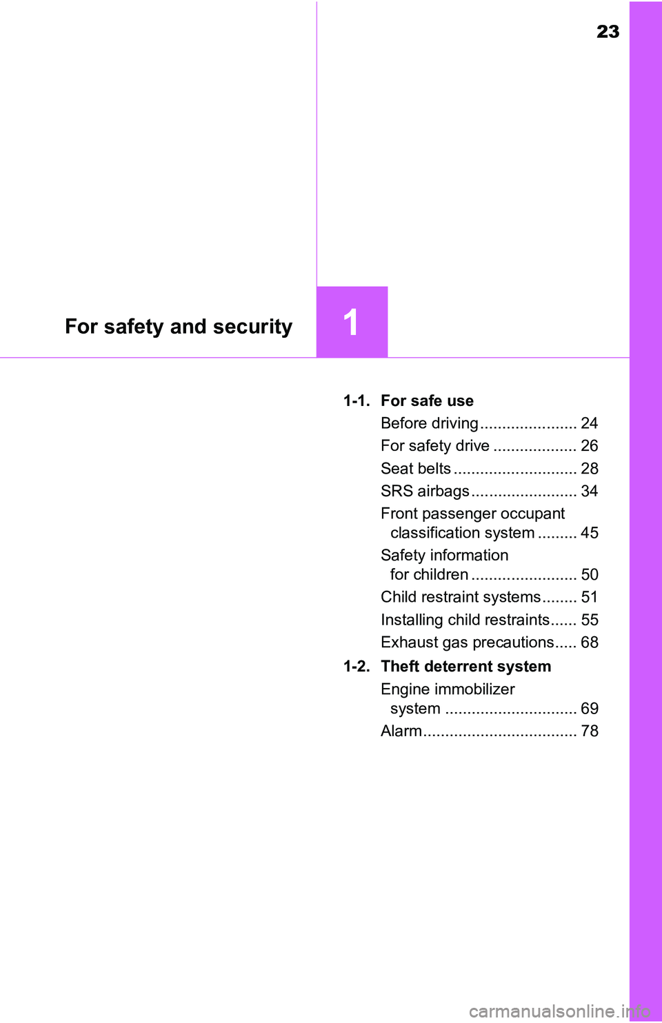 TOYOTA TACOMA 2016   (in English) Owners Manual 23
For safety and security1
1-1. For safe use
Before driving ...................... 24
For safety drive ................... 26
Seat belts ............................ 28
SRS airbags ..................