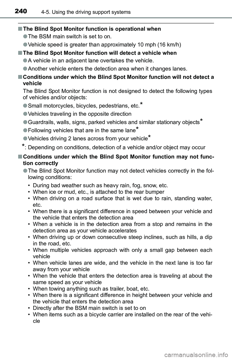 TOYOTA TACOMA 2016  Owners Manual (in English) 2404-5. Using the driving support systems
■The Blind Spot Monitor function is operational when
●The BSM main switch is set to on.
●Vehicle speed is greater than approximately 10 mph (16 km/h)
