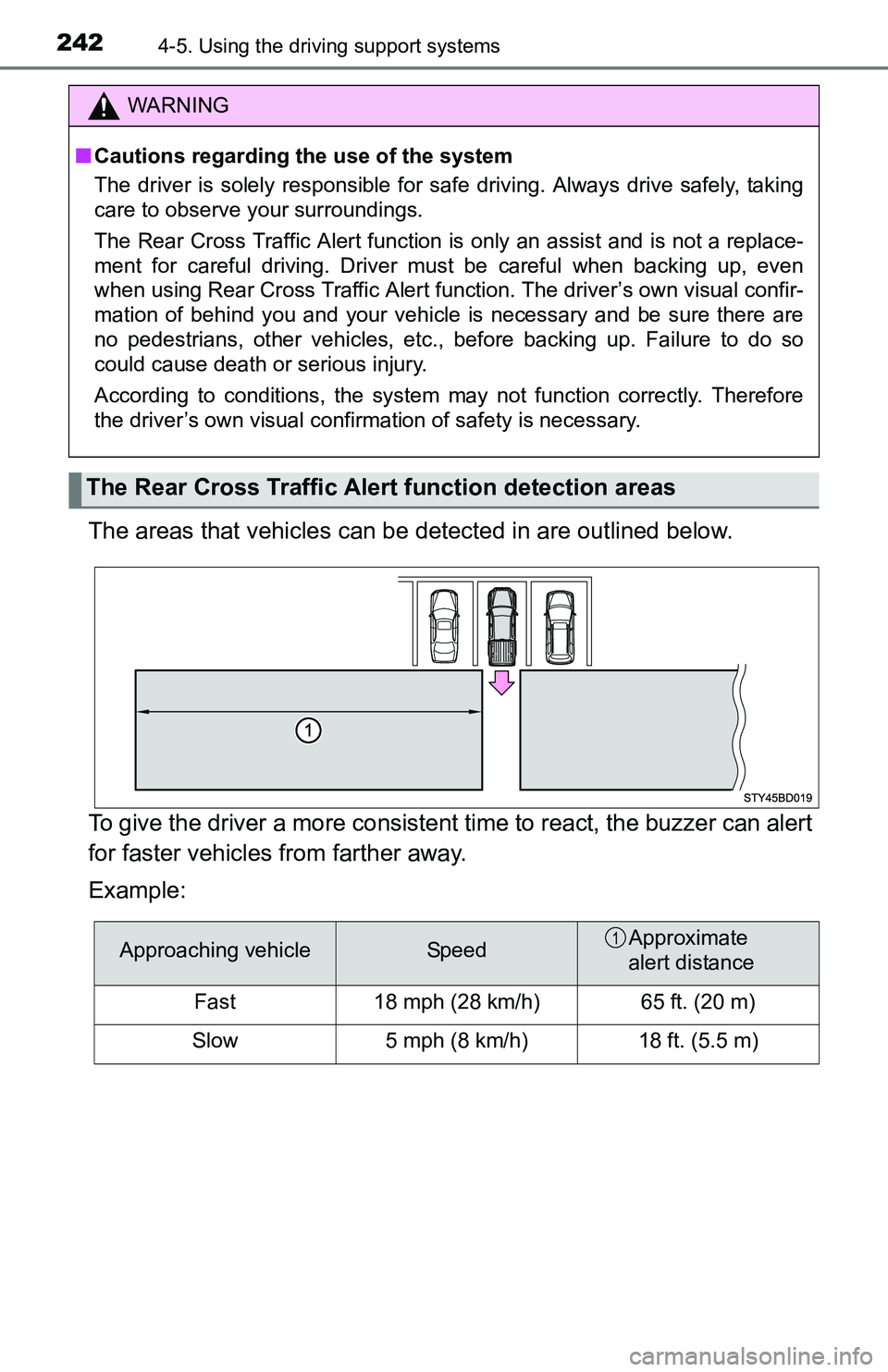TOYOTA TACOMA 2016  Owners Manual (in English) 2424-5. Using the driving support systems
The areas that vehicles can be detected in are outlined below.
To give the driver a more consistent time to react, the buzzer can alert
for faster vehicles fr