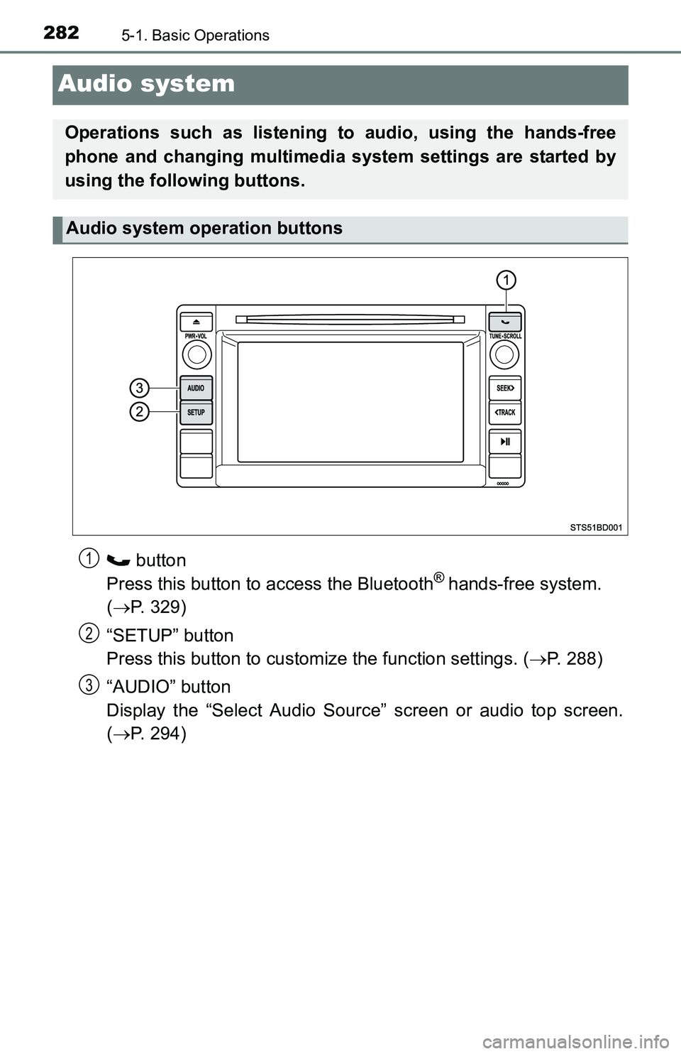 TOYOTA TACOMA 2016  Owners Manual (in English) 2825-1. Basic Operations
Audio system
 button 
Press this button to access the Bluetooth® hands-free system. 
(P. 329)
“SETUP” button 
Press this button to customize the function settings. (