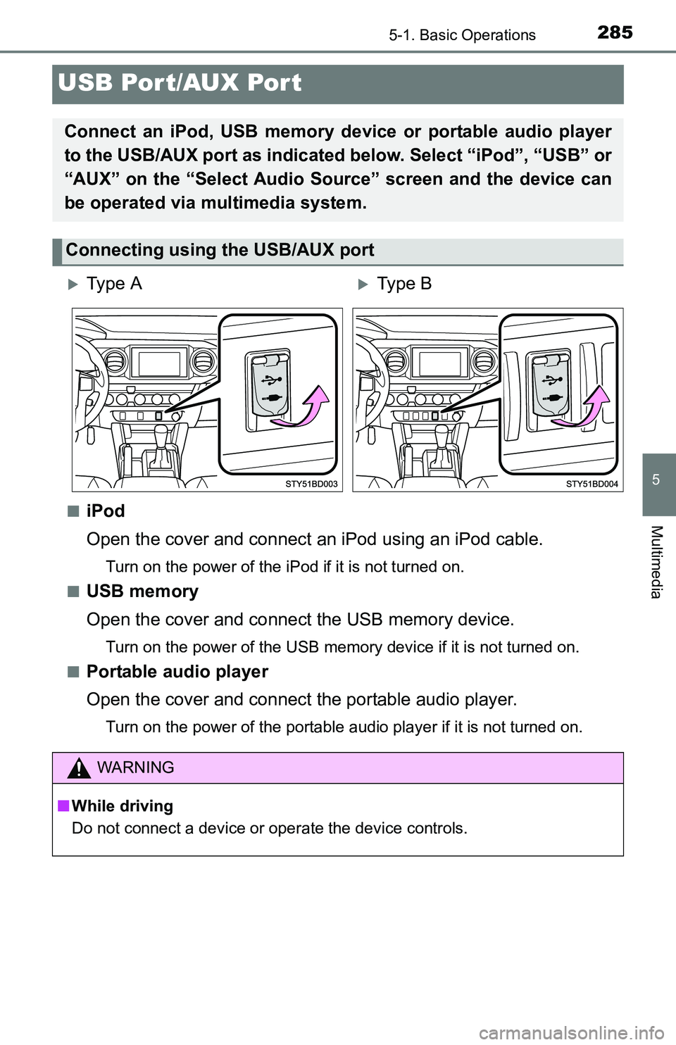 TOYOTA TACOMA 2016  Owners Manual (in English) 2855-1. Basic Operations
5
Multimedia
USB Por t/AUX Port
■iPod
Open the cover and connect an iPod using an iPod cable.
Turn on the power of the iPod if it is not turned on.
■
USB memory
Open the c
