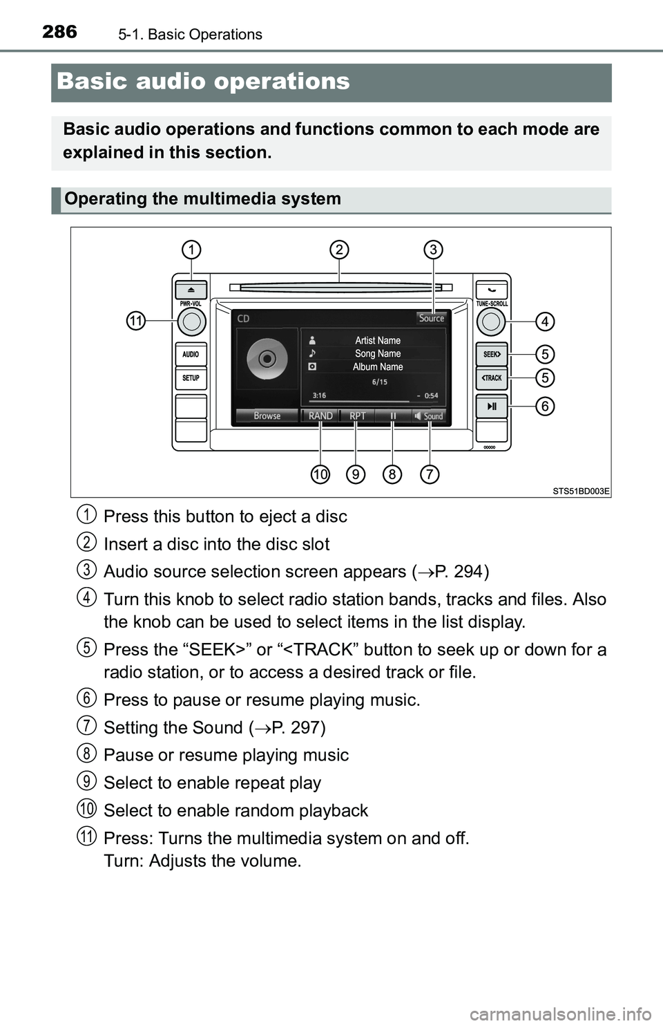 TOYOTA TACOMA 2016  Owners Manual (in English) 2865-1. Basic Operations
Basic audio operations
Press this button to eject a disc
Insert a disc into the disc slot
Audio source selection screen appears (P. 294)
Turn this knob to select radio stat
