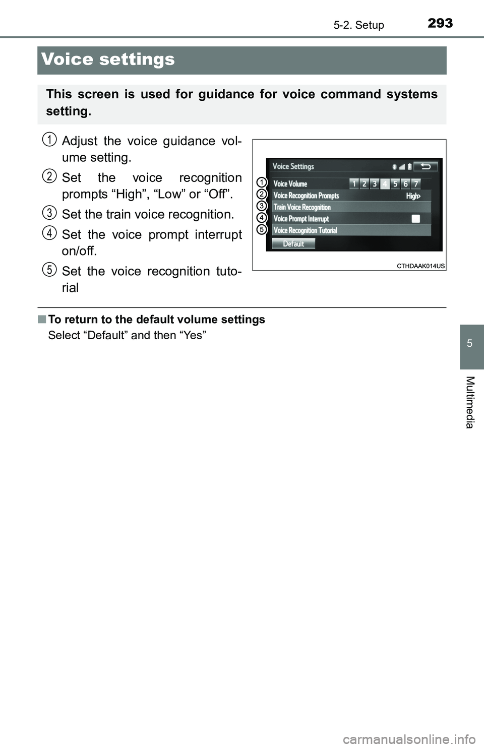 TOYOTA TACOMA 2016  Owners Manual (in English) 2935-2. Setup
5
Multimedia
Voice settings
Adjust the voice guidance vol-
ume setting.
Set the voice recognition
prompts “High”, “Low” or “Off”.
Set the train voice recognition.
Set the voi