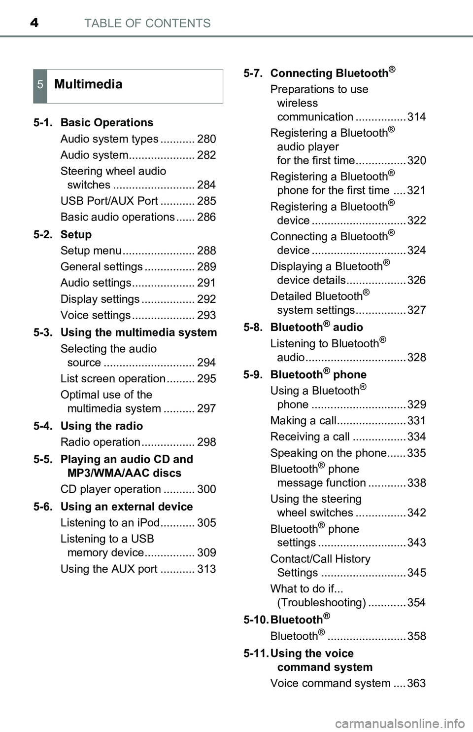 TOYOTA TACOMA 2016  Owners Manual (in English) TABLE OF CONTENTS4
5-1. Basic Operations
Audio system types ........... 280
Audio system..................... 282
Steering wheel audio 
switches .......................... 284
USB Port/AUX Port ......