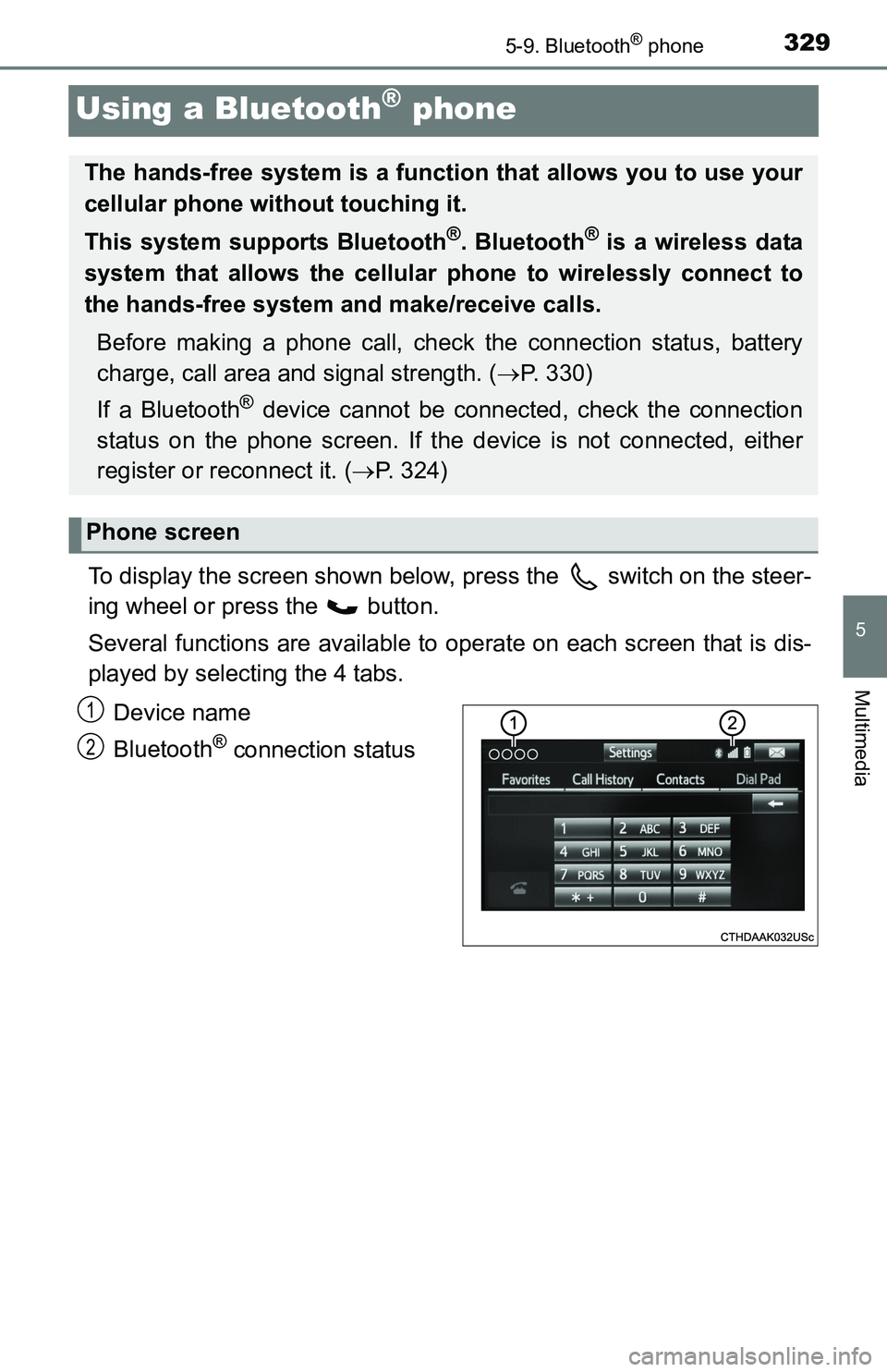 TOYOTA TACOMA 2016  Owners Manual (in English) 3295-9. Bluetooth® phone
5
Multimedia
Using a Bluetooth® phone
To display the screen shown below, press the   switch on the steer-
ing wheel or press the   button.
Several functions are available to