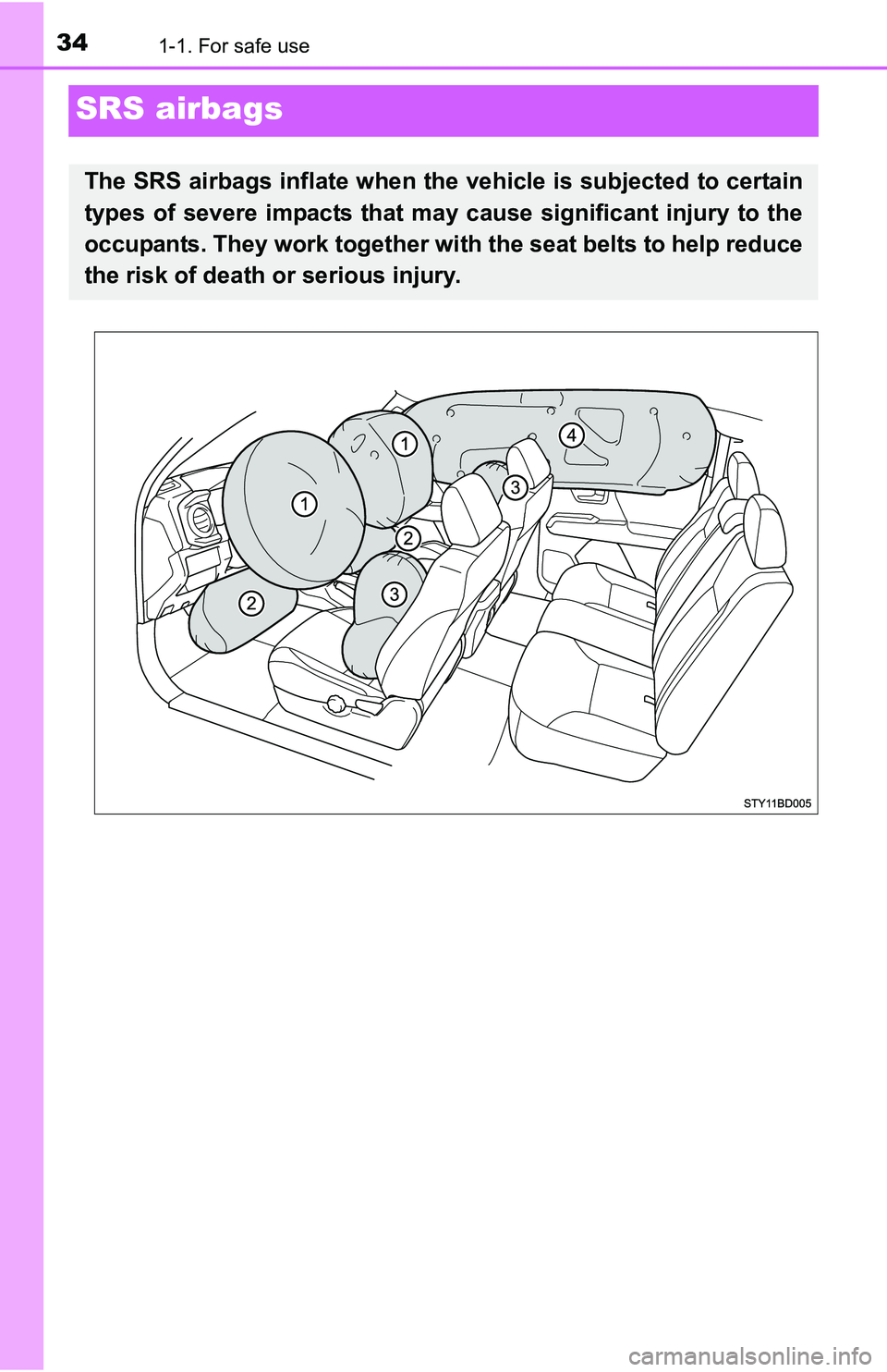 TOYOTA TACOMA 2016   (in English) Owners Guide 341-1. For safe use
SRS airbags
The SRS airbags inflate when the vehicle is subjected to certain
types of severe impacts that may cause significant injury to the
occupants. They work together with the